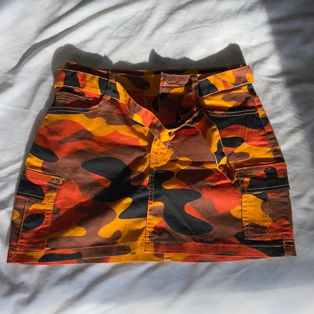 Orange multi colored army camo mini skirt